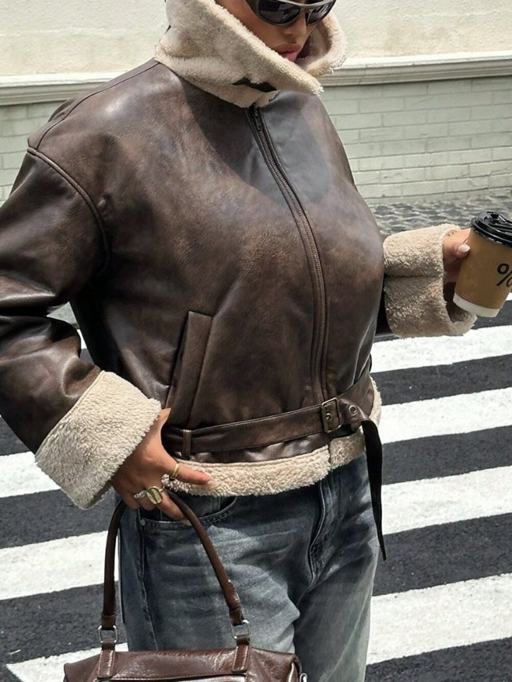Brown Casual Women's Loose Zipper Front Shearling Leather Jacket - Picture 6 of 7